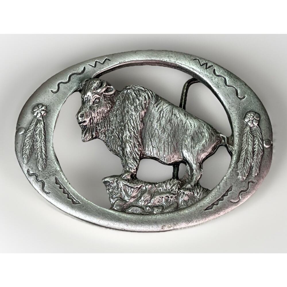 1992 Vintage Buffalo Pewter Belt Buckle Made in USA Colorado Silver Star